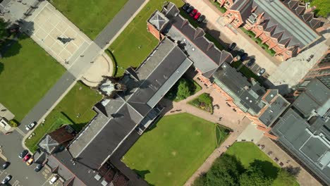 overhead aerial video of queen's university belfast, and the surroundign campus, in northern ireland, uk on a bright and sunny day. produced at 4k resolution, 60fps and with rec709 color.