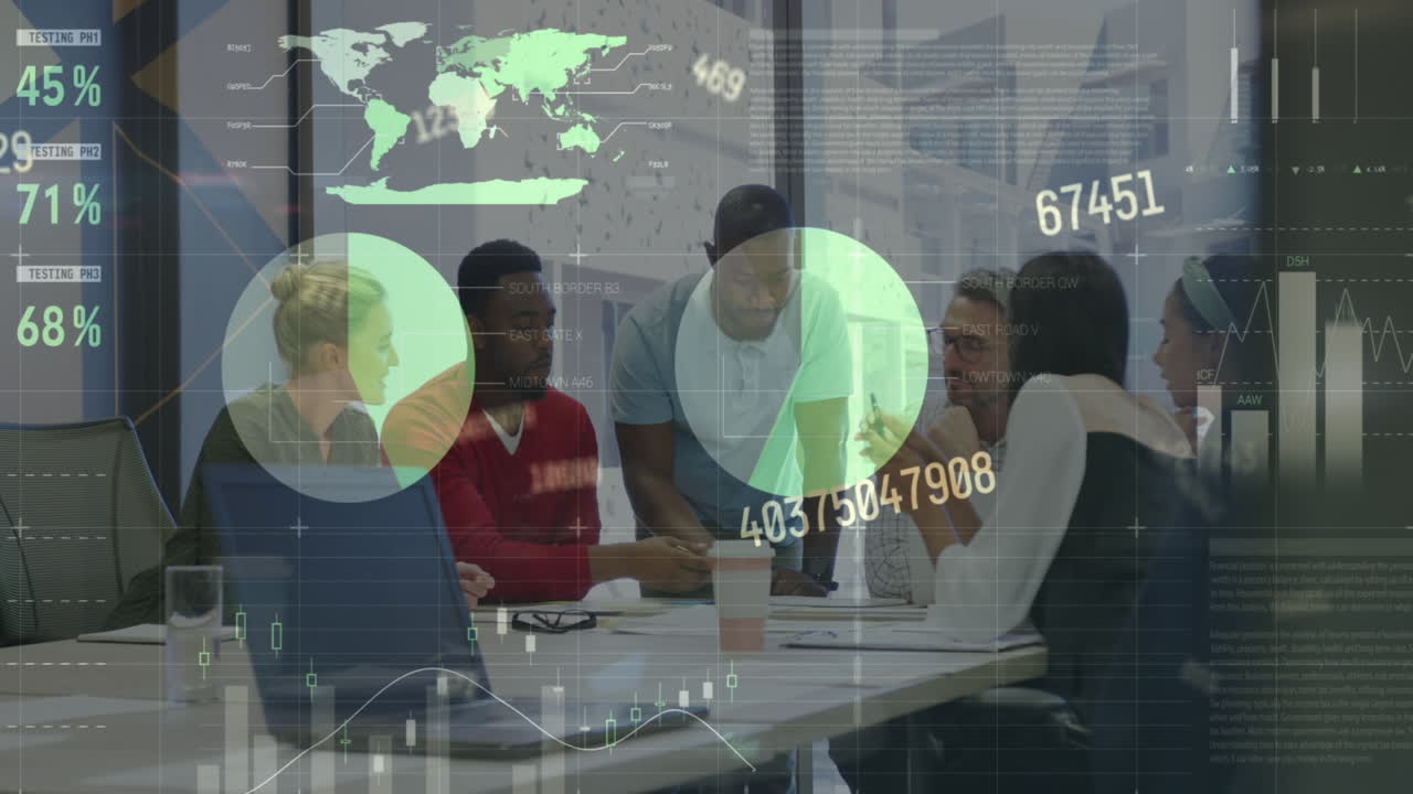 Animation of financial data processing over diverse business people having meeting at office