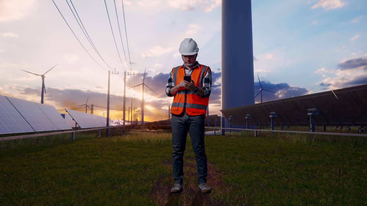 Full Body Of Asian Male Engineer With Safety Helmet Using Smartphone While Standing With Solar Panel and Wind Turbines