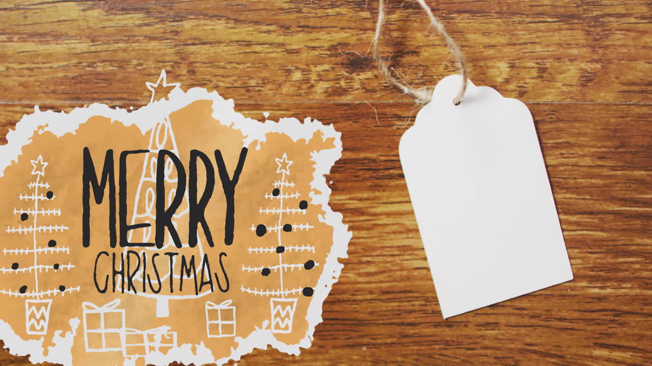 Animation of merry christmas text over tag with copy space on wooden background