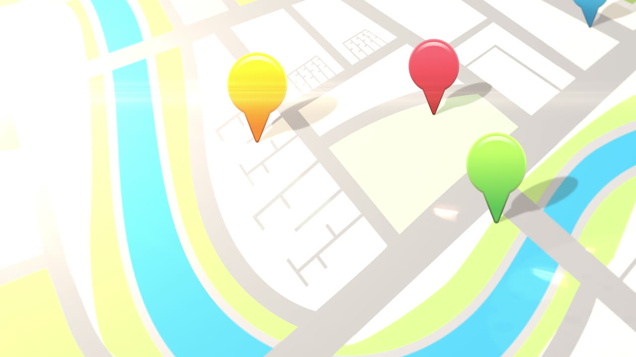 animación de los alfileres de ubicación sobre un mapa de carreteras digital intermitente