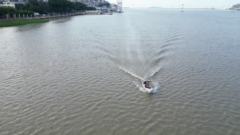 Aerial-view-of-Malecon-Simon-Bolivar-river-front-in-Guayaquil,-a-recreational-and-tourist-attraction-place-with-landmarks-and-walking-space-for-local-people-and-tourists