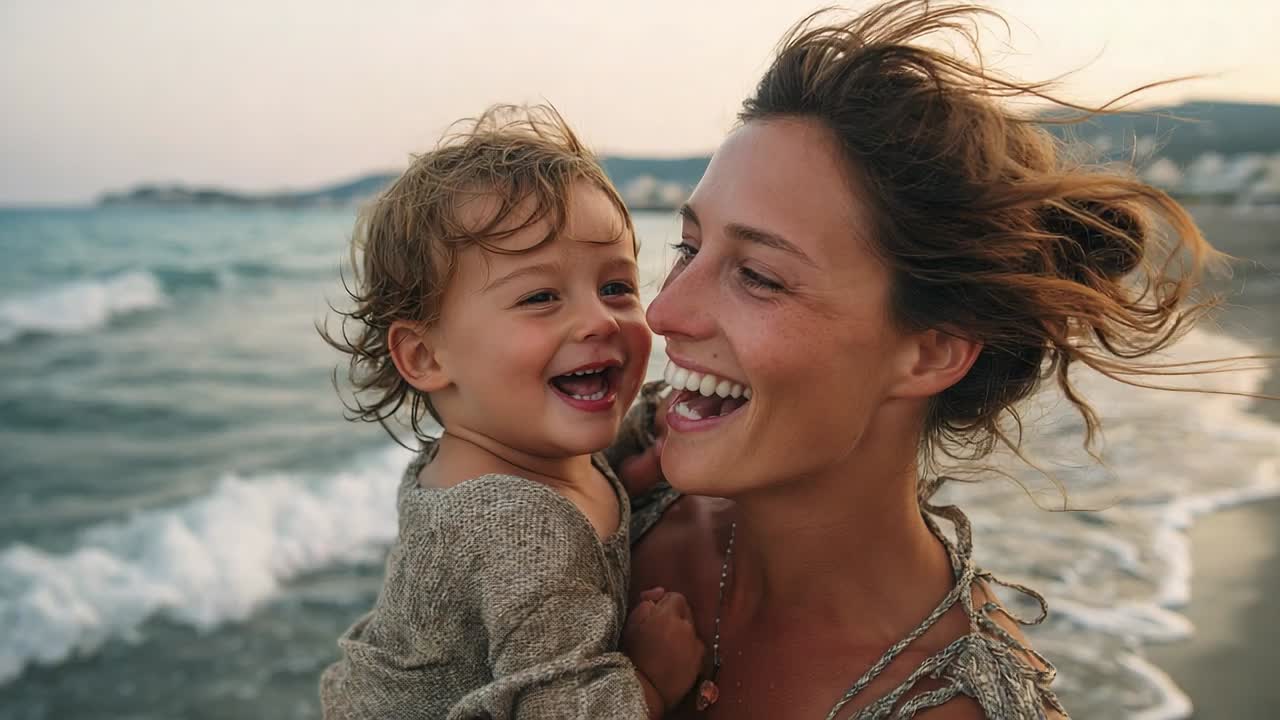 Mutter und Kind genießen einen verspielten Moment am Strand am Abend