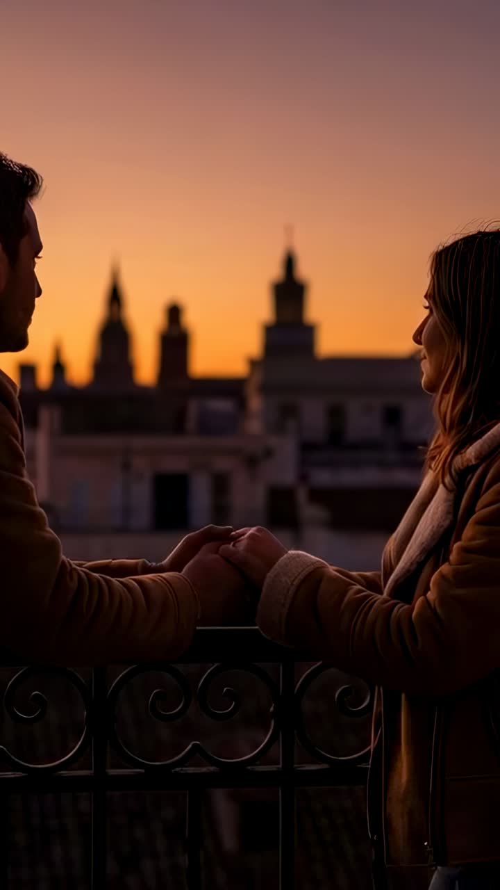 Video verticale: coppia che si tiene per mano di fronte allo skyline su un balcone al tramonto, ringhiera in ferro, cappotti, sciarpa