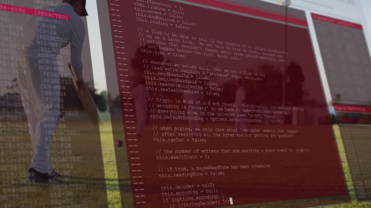 Batter shifting and swinging as red overlay appearing visualizing sports data fielders converging