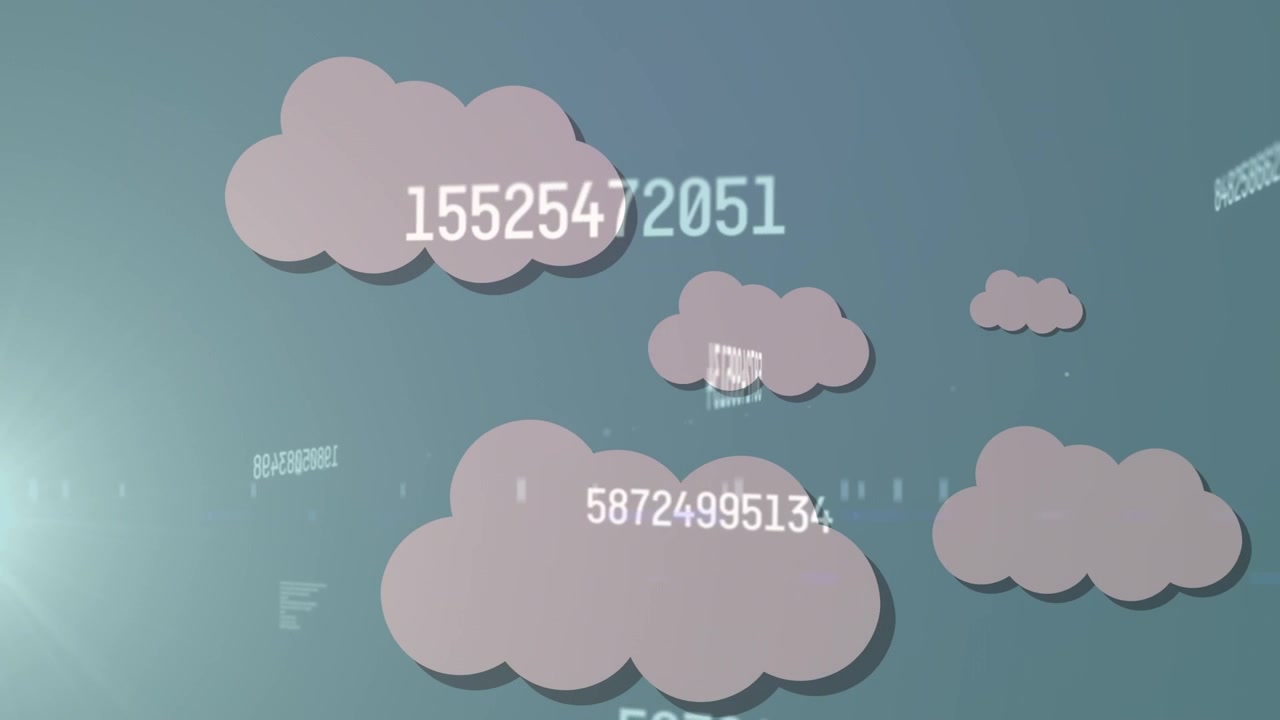 Animation of digital clouds, numbers and lights