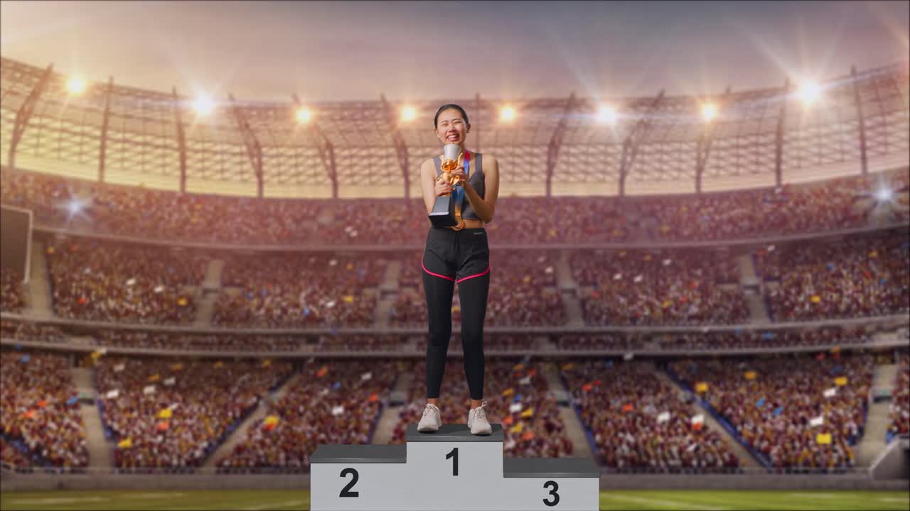 mujer campeona en el podio