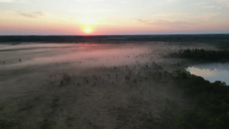 morning fog covers boggy ground moor in golden sunrise aerial flyover