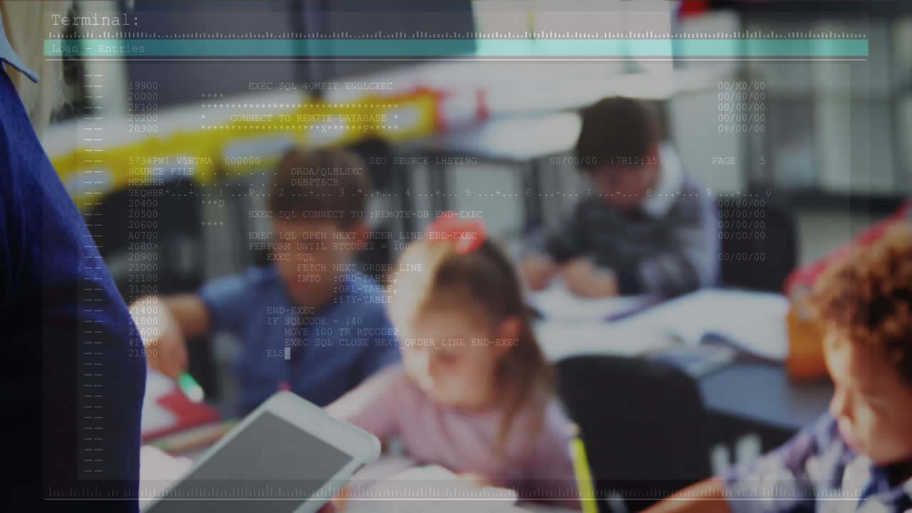 Female teacher guiding students in classroom, with tablet, animated code overlay and pencil icons