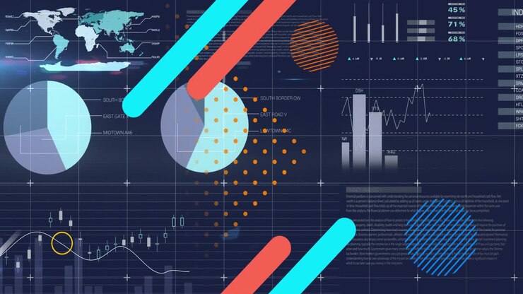 Abstract dashboard being animated, showing central dotted pie chart with orange scatter, bar graphs