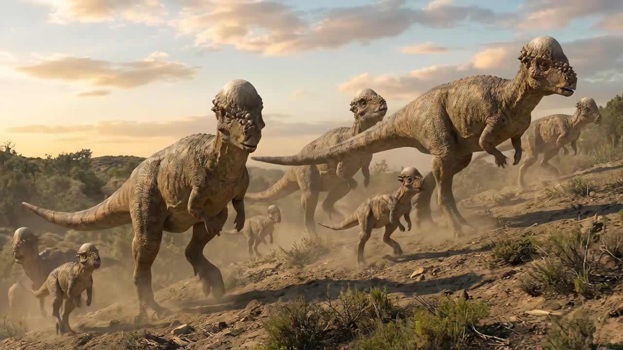 Una manada de Dilophosaurus corriendo por un paisaje