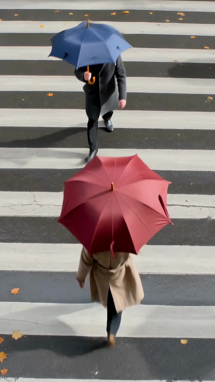 Vertical video: Entering red umbrella in beige coat walking zebra crossing as blue umbrella passing