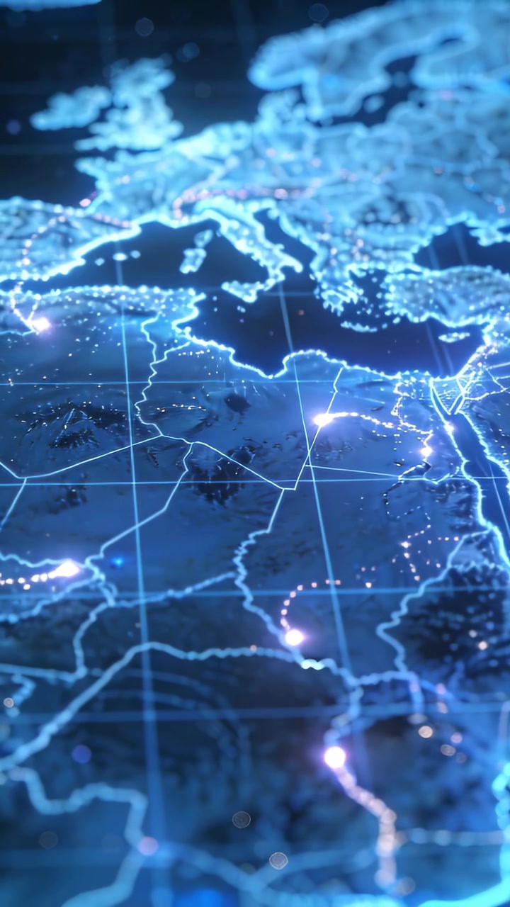 Vertical video: Camera panning 3D map showing Europe Med North Africa, pulsing nodes forming links