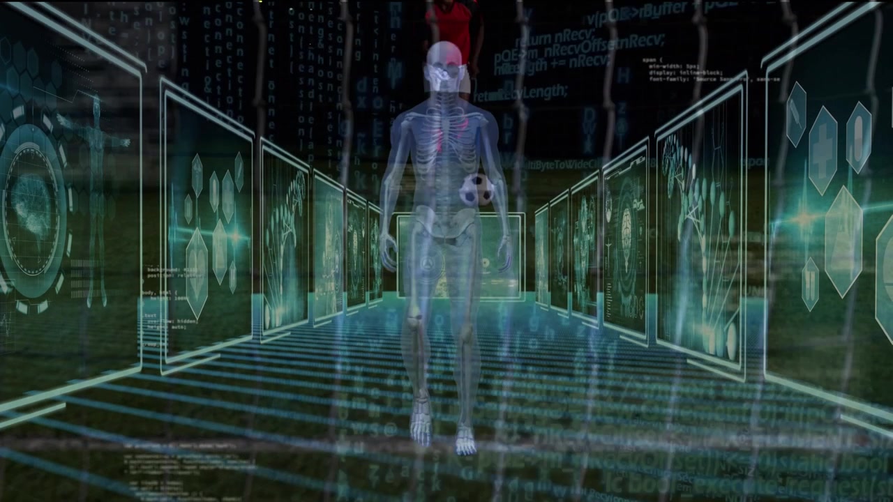 Animation of human body model walking over mid section of male soccer player kicking the ball