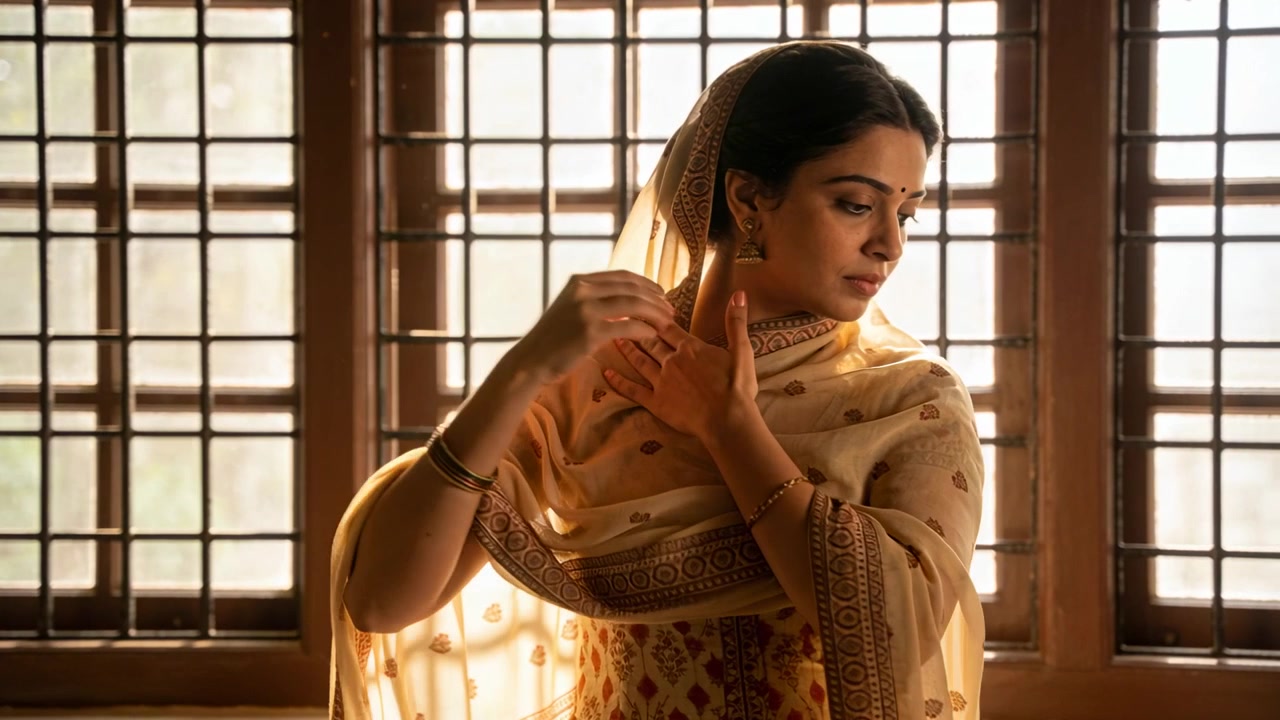 Donna indiana che sistema, alzando la mano, un leggero dupatta vicino a una finestra di legno, fissando il drappeggio sulla kurta.