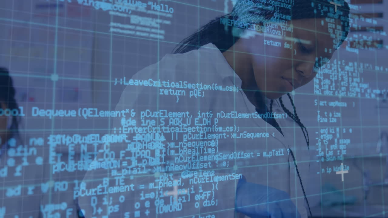 Animation of data processing over diverse scientists in lab