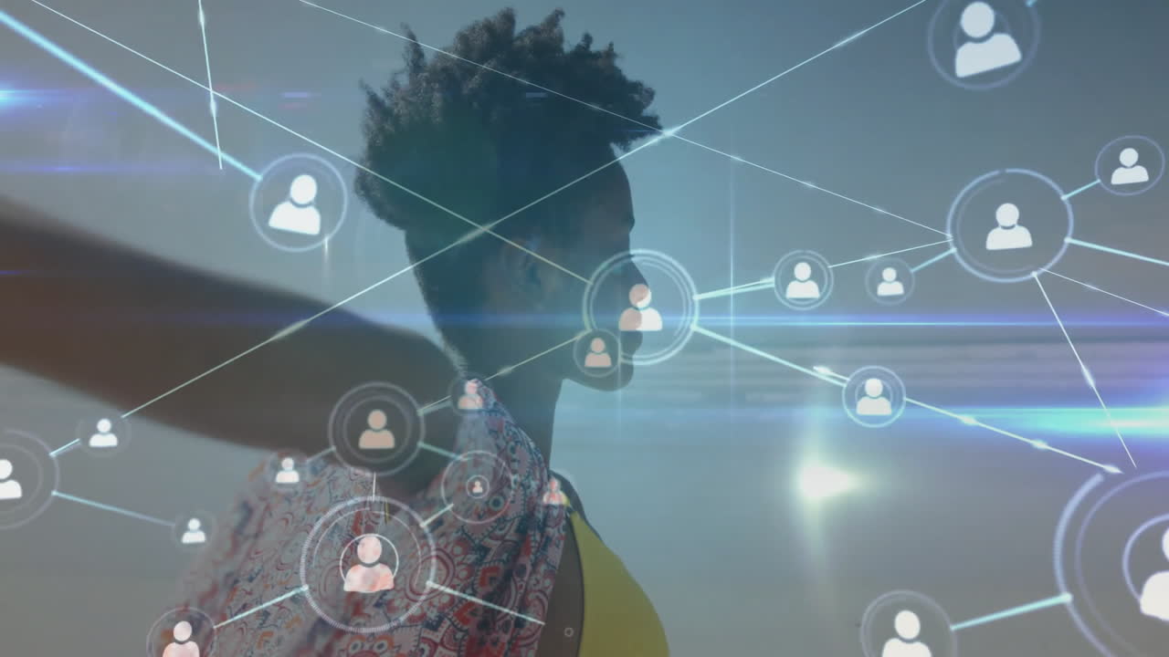 Digital network connections overlaying silhouetted person with animation effects
