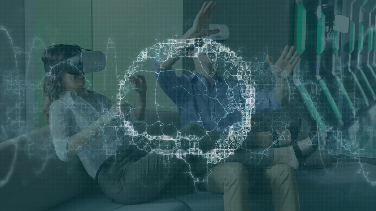 Animation of brain scan and medical data processing on interface, over man and woman in vr headsets