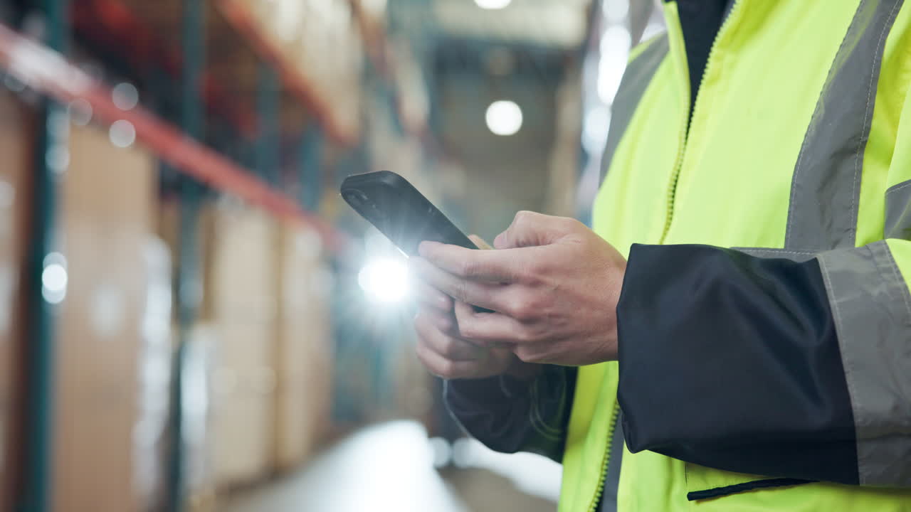 Warehouse worker using smartphone