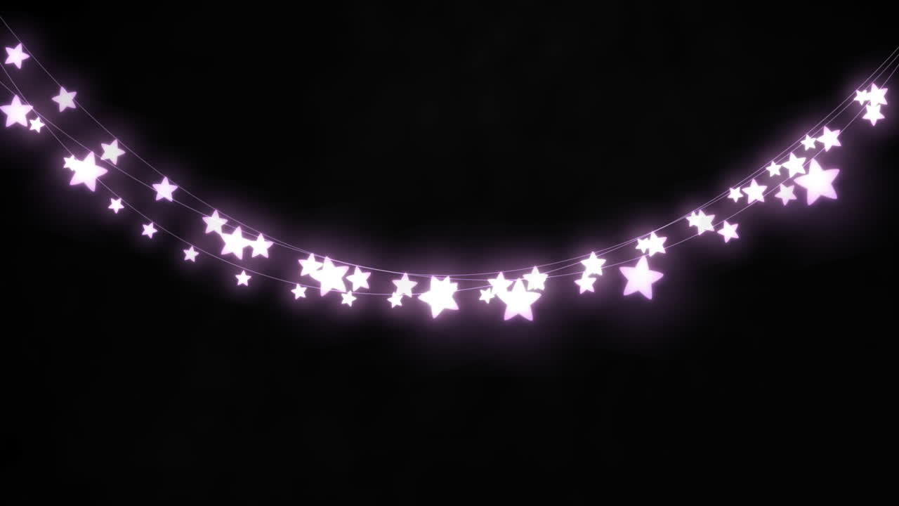 Animasjon av lilla stjerneformede glødende lyslenker som henger mot en tom flate på svart bakgrunn.