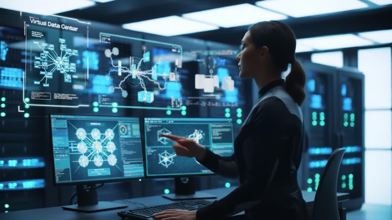 A Professional in a High-Tech Control Room Analyzing Advanced Data Structures and Visualizations on Multiple Monitors with Futuristic Interfaces and Graphics
