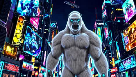 a powerful white gorilla in a cyberpunk city