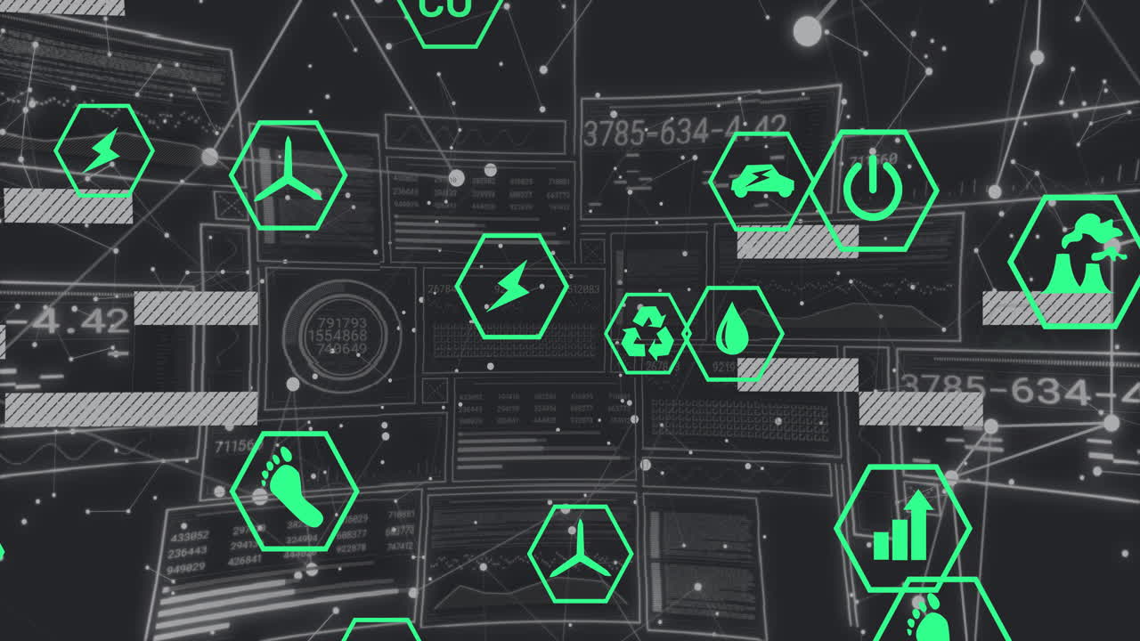 Neon green hex icons floating over 3D dark HUD interface, showing energy data and network links