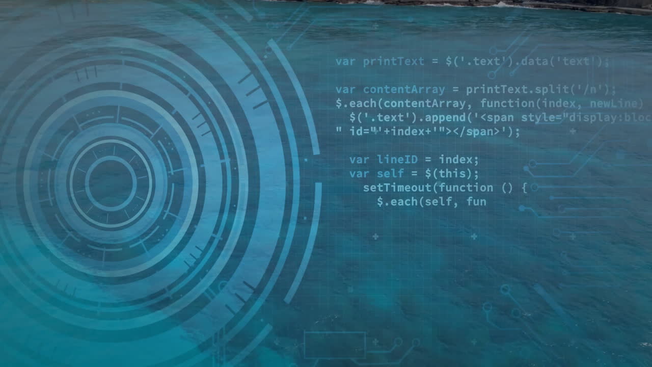 Concentric digital rings spinning and glowing on teal-blue grid background with circuit motifs