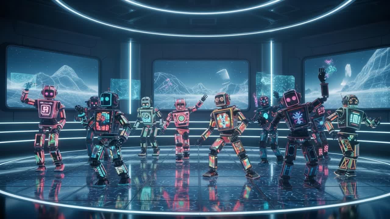 A Dynamic Display of Robo-Harmony: Colorful Robots Performing in a Futuristic Dance Environment Surrounded by High-Tech Landscapes and Neon Lights.