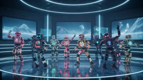 a dynamic display of robo-harmony: colorful robots performing in a futuristic dance environment surrounded by high-tech landscapes and neon lights.