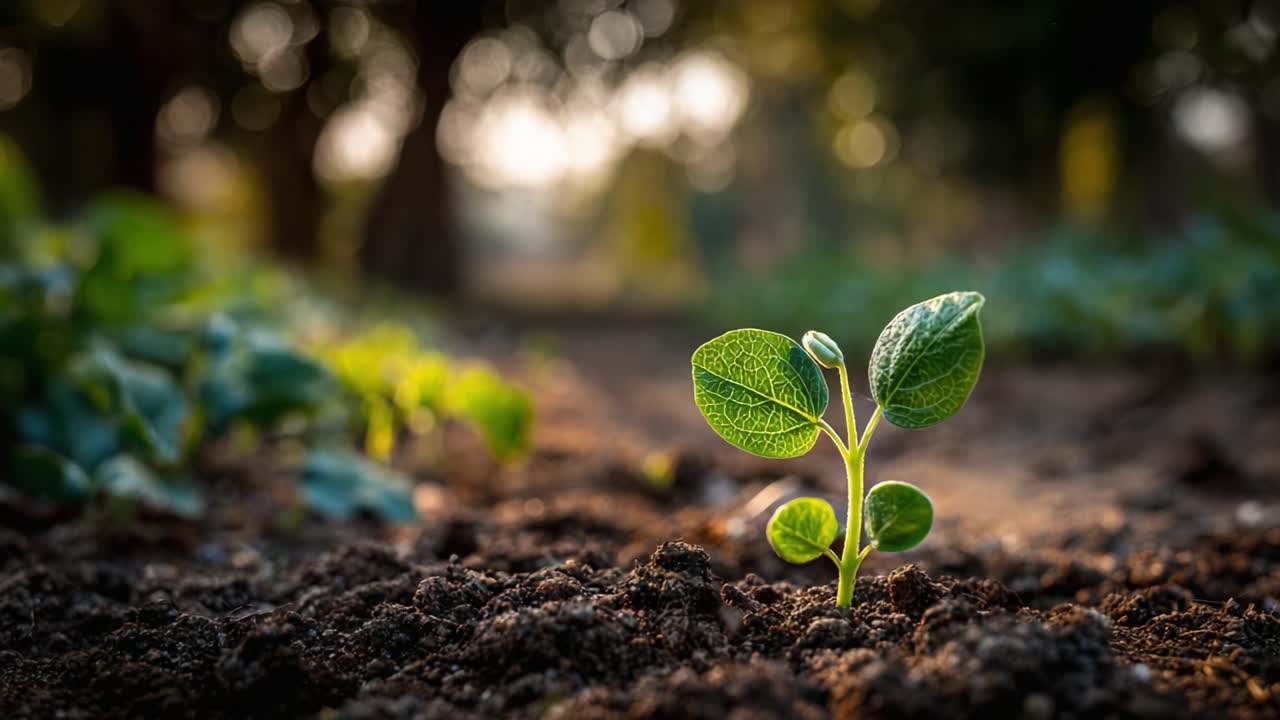 Nurturing Nature: A Close-Up Journey into the Life of a Young Seedling Breaking Through the Soil, Showcasing Fresh Leaves and Vibrant Green Growth in a Serene Environment