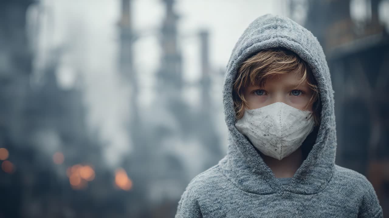 In un paesaggio distopico, un ragazzo si erge con resilienza in mezzo a fumo e ceneri, indossando una maschera protettiva in una dura nuova realtà.