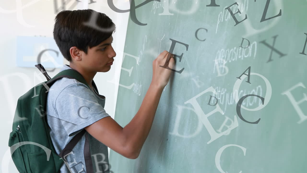 Animation of letters and smiling biracial schoolboy writing on board