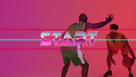animación de texto de inicio y líneas de neón sobre jugadores de baloncesto en fondo de neón.