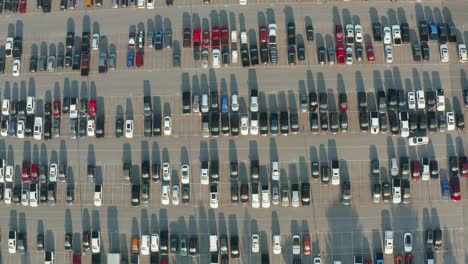 aerial tilt up reveals parking lot full of new cars at auto auction in manheim pennsylvania usa