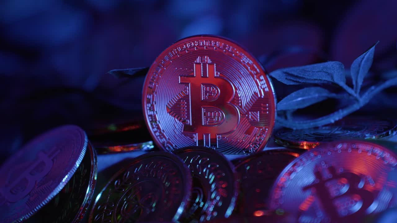 Reveal of Bitcoin coin, stands out among others, illuminated in red against deep blue background