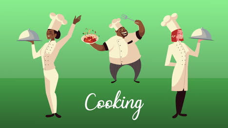 interracial chefs workers with trays and food animation