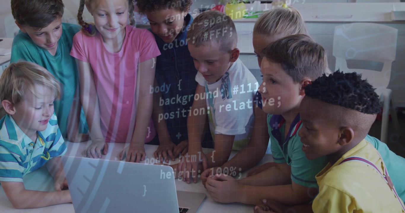 Vertical video: Leaning eight kids watching laptop at school with code overlay flashing, learning