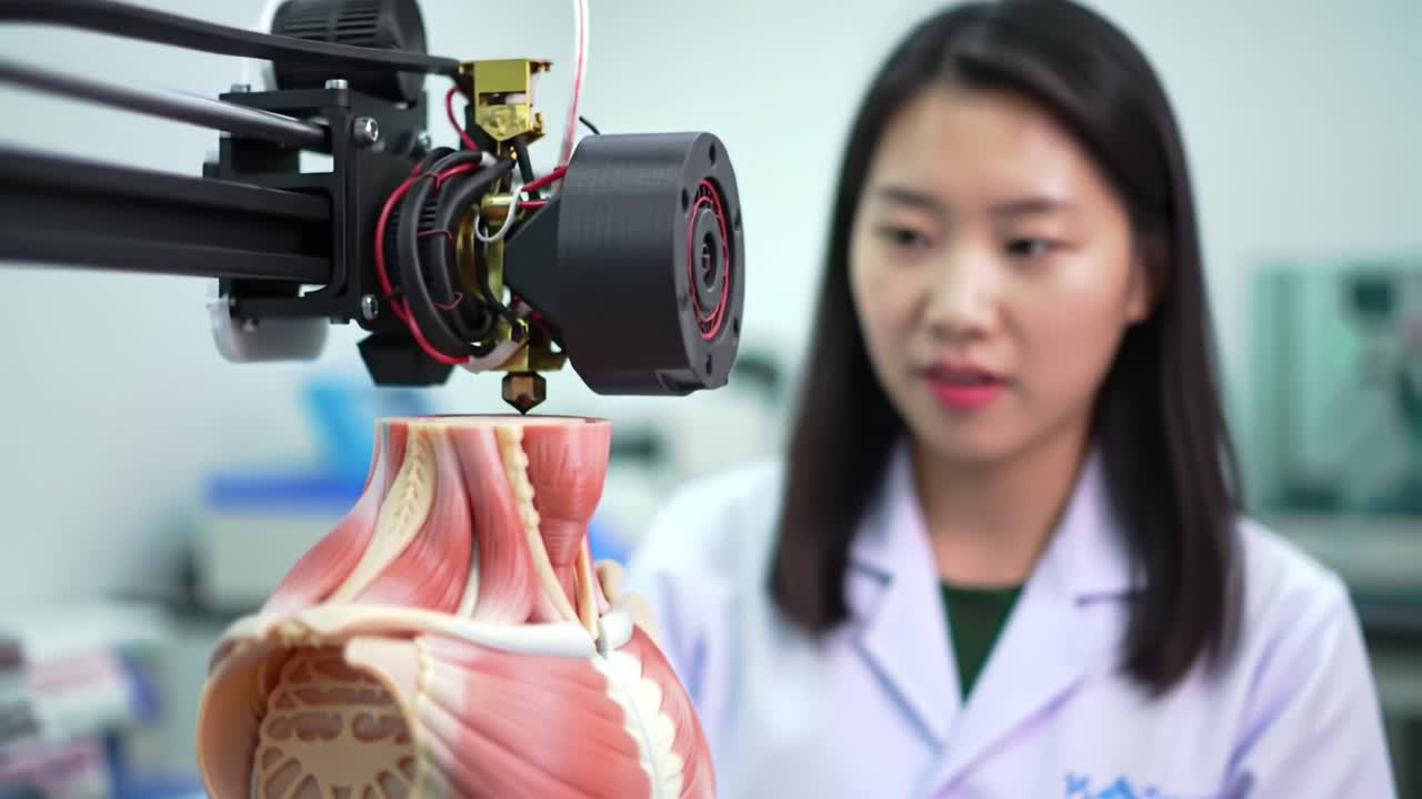 Exploring the Intersection of Technology and Anatomy: A Researcher Observing a 3D Printer Creating a Detailed Muscle Model in a Laboratory Setting