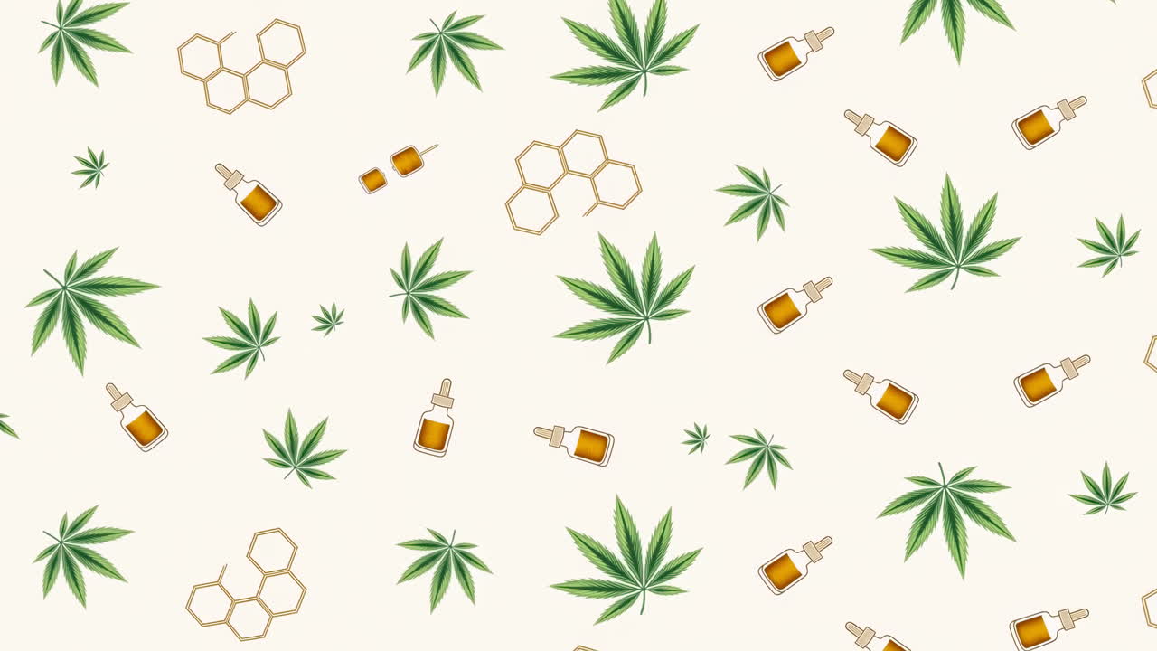 Cannabis Yaprakları ve CBD Yağı Şişelerinin Kusursuz Döngü Deseni