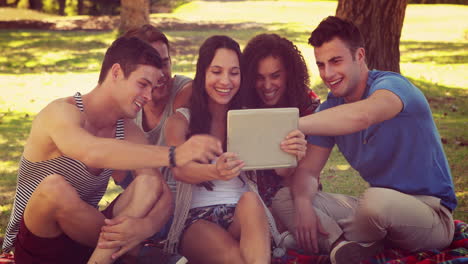 amigos felices usando la tableta en el parque