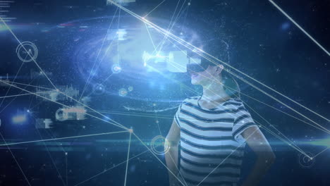 animación de la red de conexiones sobre la mujer que usa auriculares vr