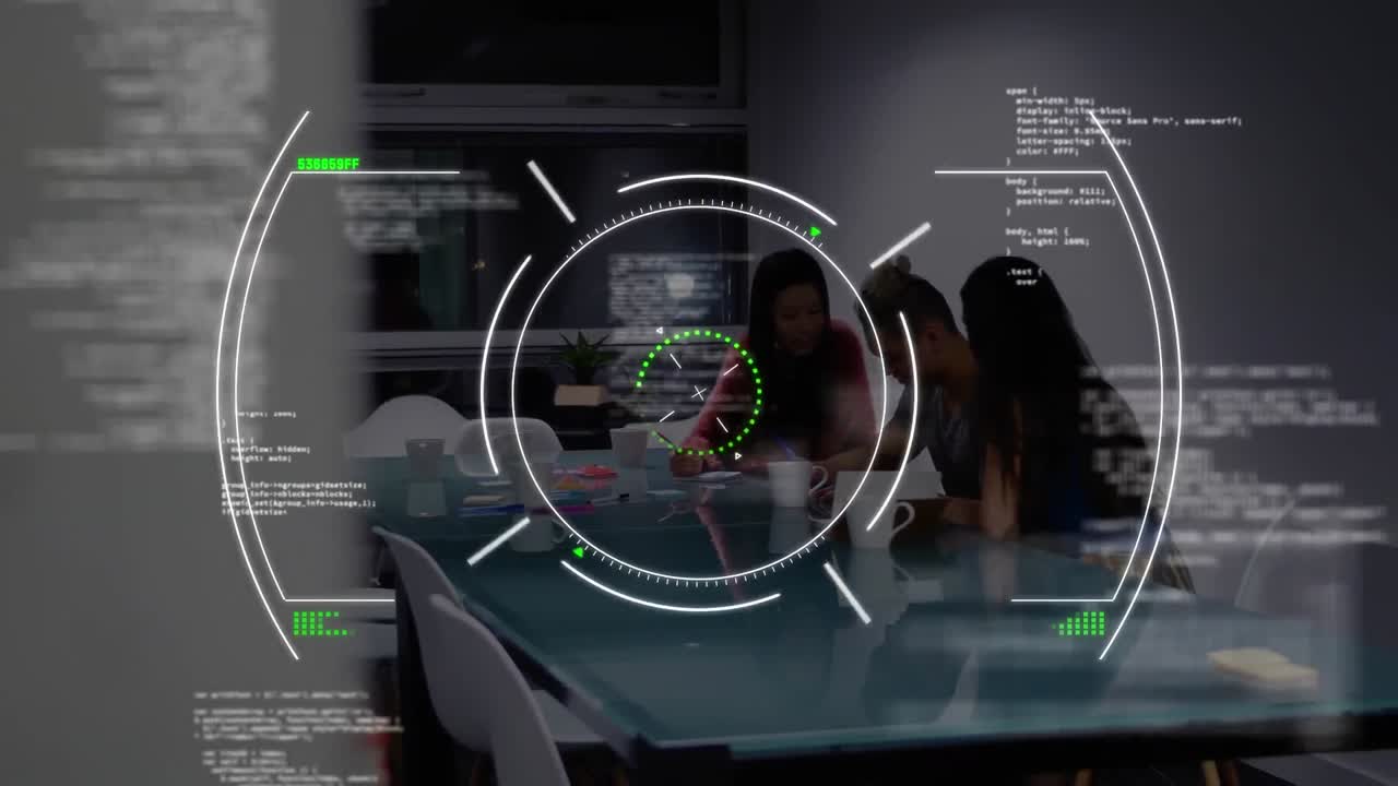 Animation of scope and data processing over diverse business people in office