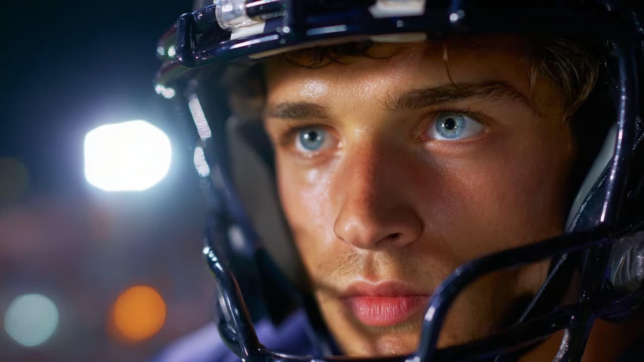 Atleta concentrato con casco da football e sguardo intenso immortalato durante una partita notturna, che mette in risalto la determinazione e lo spirito competitivo