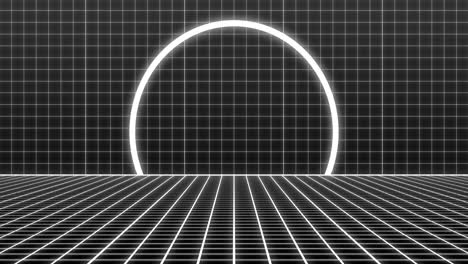 animación de un círculo de neón blanco sobre una cuadrícula blanca en movimiento