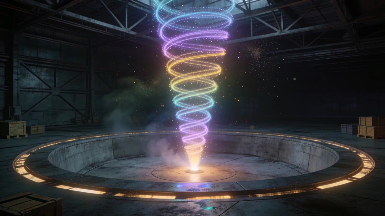 Forming colorful helix as center light appearing on platform ring in hangar, emitting smoke sparks
