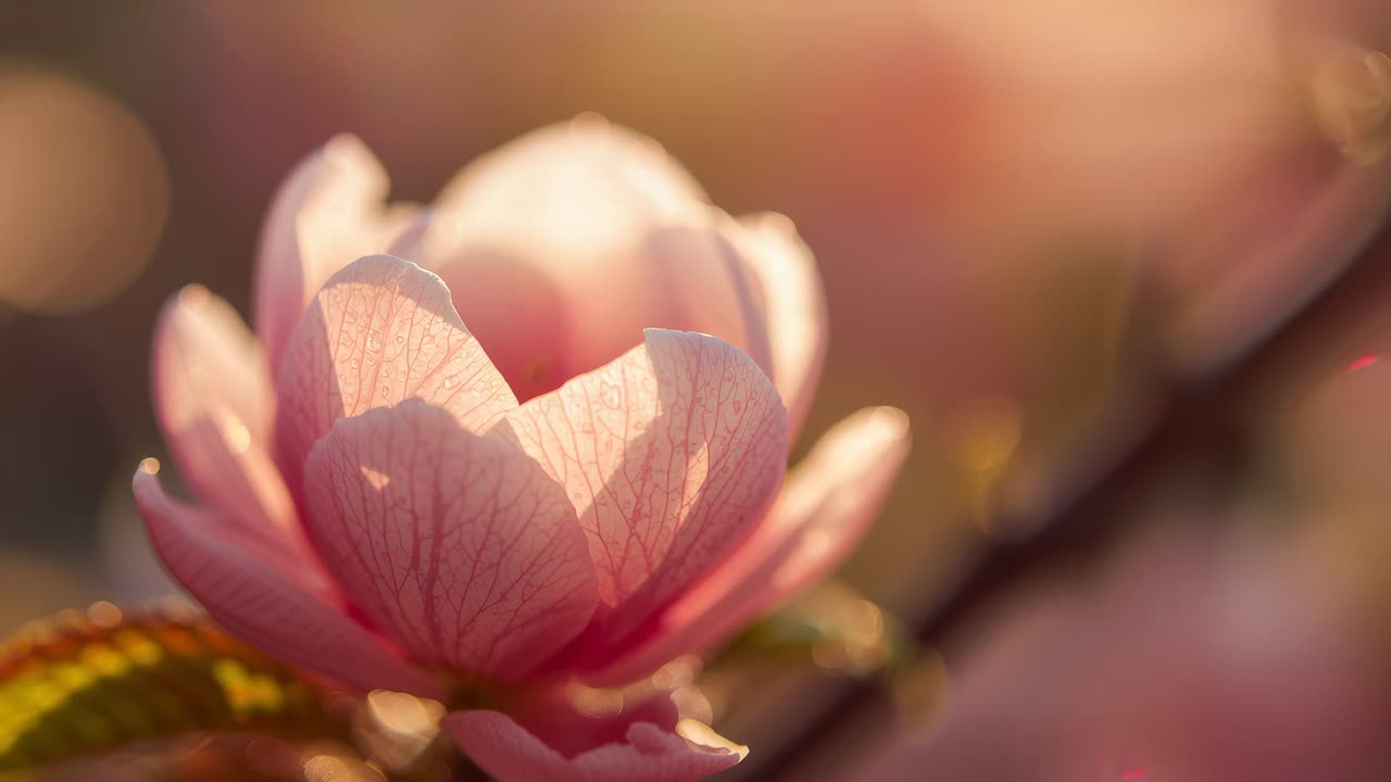 Shifting cam focus revealing solo pink flower on park branch as golden light showing water droplets