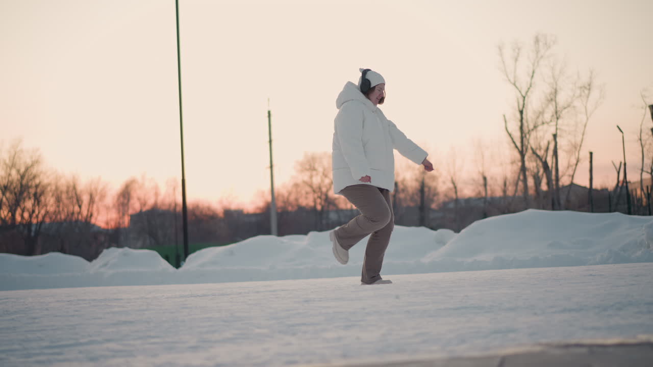 Woman dancing on snowy pavement under winter sunset wearing white puffer coat beanie and headphones swaying legs arms in joyful rhythm along park path lined with bare trees and snowbanks exuding joy