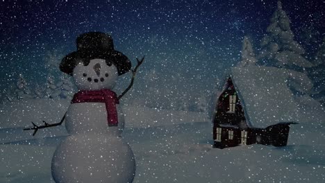 Animación-De-Nieve-Cayendo-Sobre-Muñecos-De-Nieve,-Casas-Y-Paisajes-Invernales