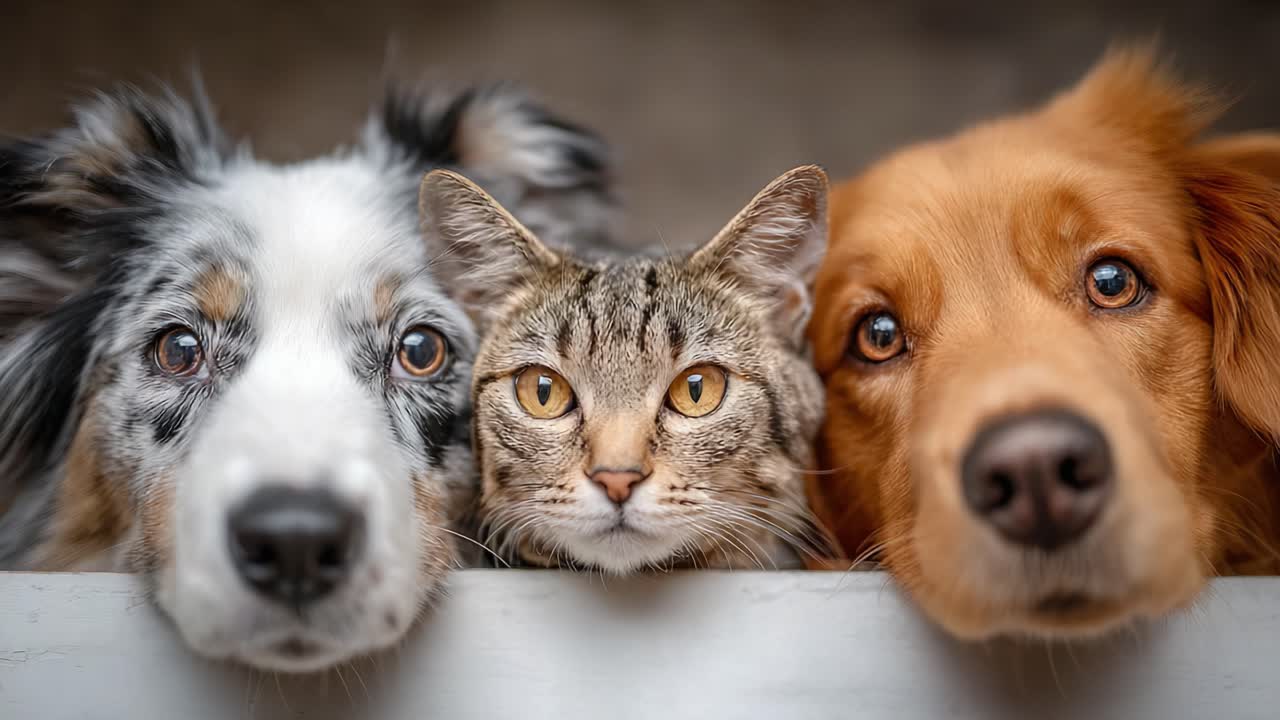 A Heartwarming Trio: A Dog, a Golden Retriever, and a Cat Form an Unlikely Friendship, Capturing the Essence of Companionship and Love